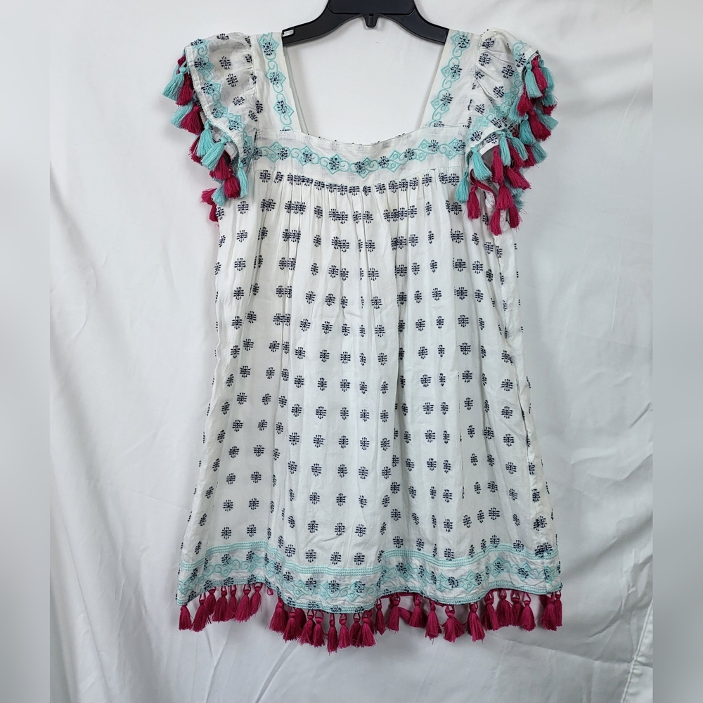 Mer‎ St. Barth Womens White Pink Navy Sandrine Embroidered Tassel Mini Dress M